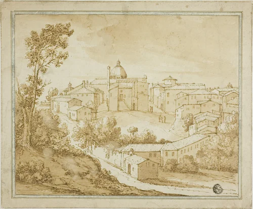 Italian Hilltown with Central Square by Unknown Artist, drawing, 1600-1799