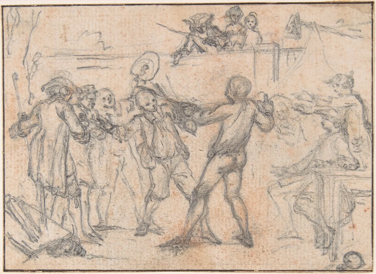 Study for "The Combate," etched vignette in "Songs in the Opera of Flora" by Hubert François Gravelot, drawing, 1732-1742