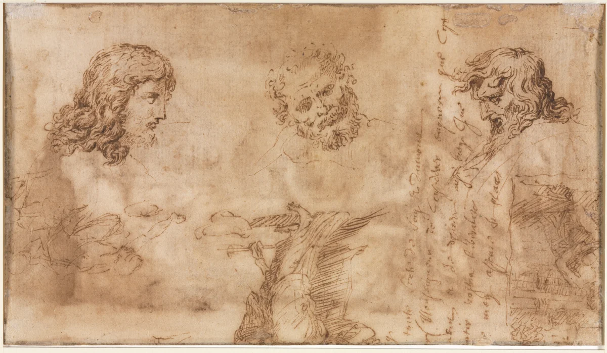 Three Heads and Other Sketches (verso) by Nicolas Poussin, drawing, 1643-1644