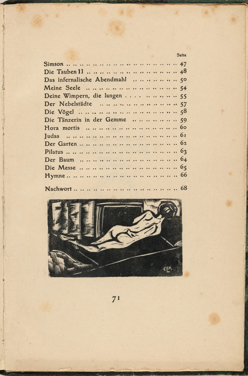 Liegender Rückenakt (Reclining Nude) (tailpiece, table of contents) from mock-up of Georg Heym: Umbra Vitae (Georg Heym: Shadow of Life) by Ernst Ludwig Kirchner, volume, 1912-1922