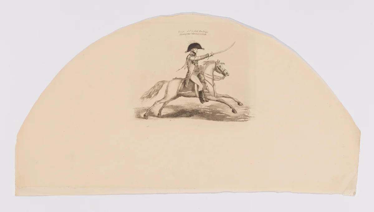 Fan leaf showing the Duke of Wellington in uniform on horseback by anonymous, print, 1800-1899