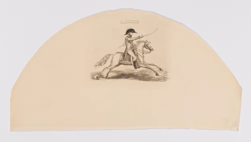 Fan leaf showing the Duke of Wellington in uniform on horseback by anonymous, print, 1800-1899