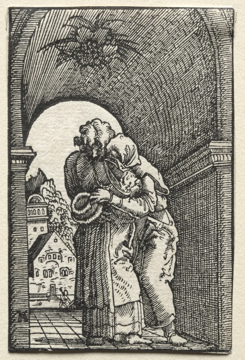 The Fall and Redemption of Man: The Embrace of Joachim and Anne at the Golden Gate by Albrecht Altdorfer, print, 1515