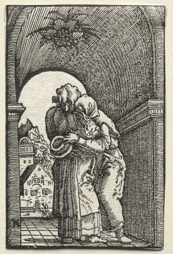 The Fall and Redemption of Man: The Embrace of Joachim and Anne at the Golden Gate by Albrecht Altdorfer, print, 1515