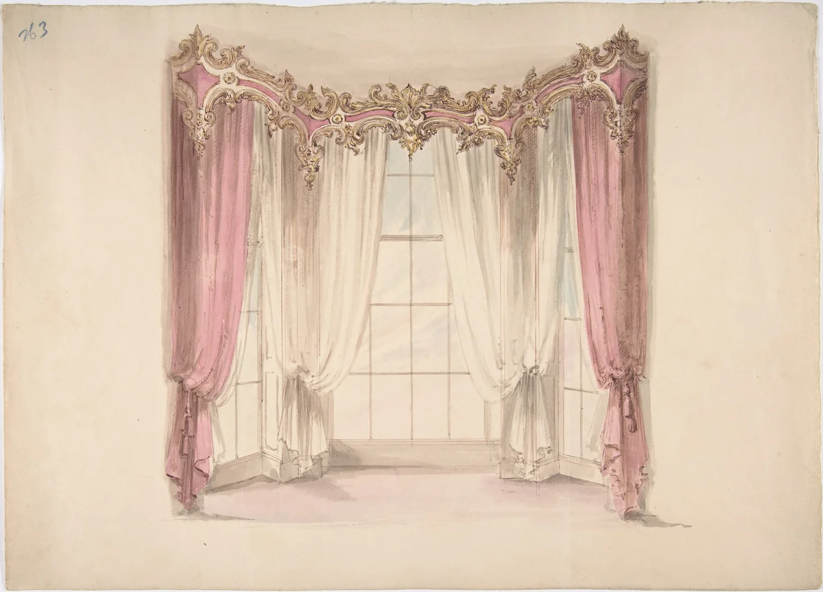 Design for Pink Curtains and White Inner Curtains, with a Gold, White and Pink Pediment by anonymous, drawing, 1800-1850