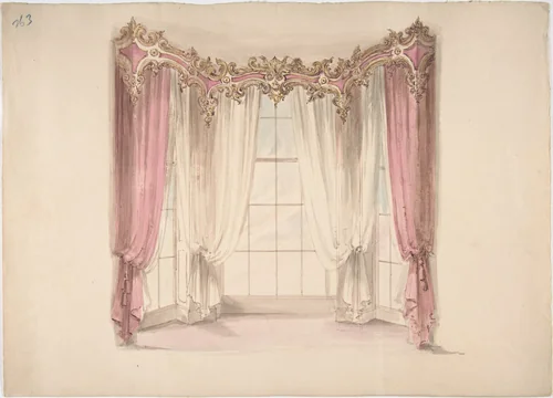 Design for Pink Curtains and White Inner Curtains, with a Gold, White and Pink Pediment by anonymous, drawing, 1800-1850