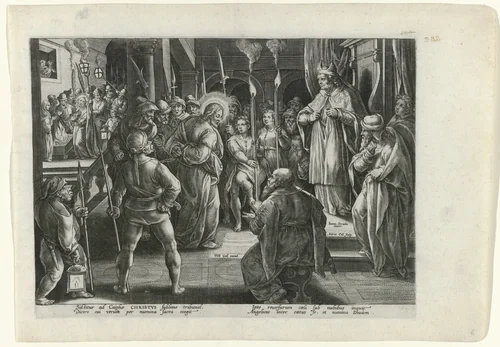 Christus voor Kajafas by Unknown, print, 1585-1586