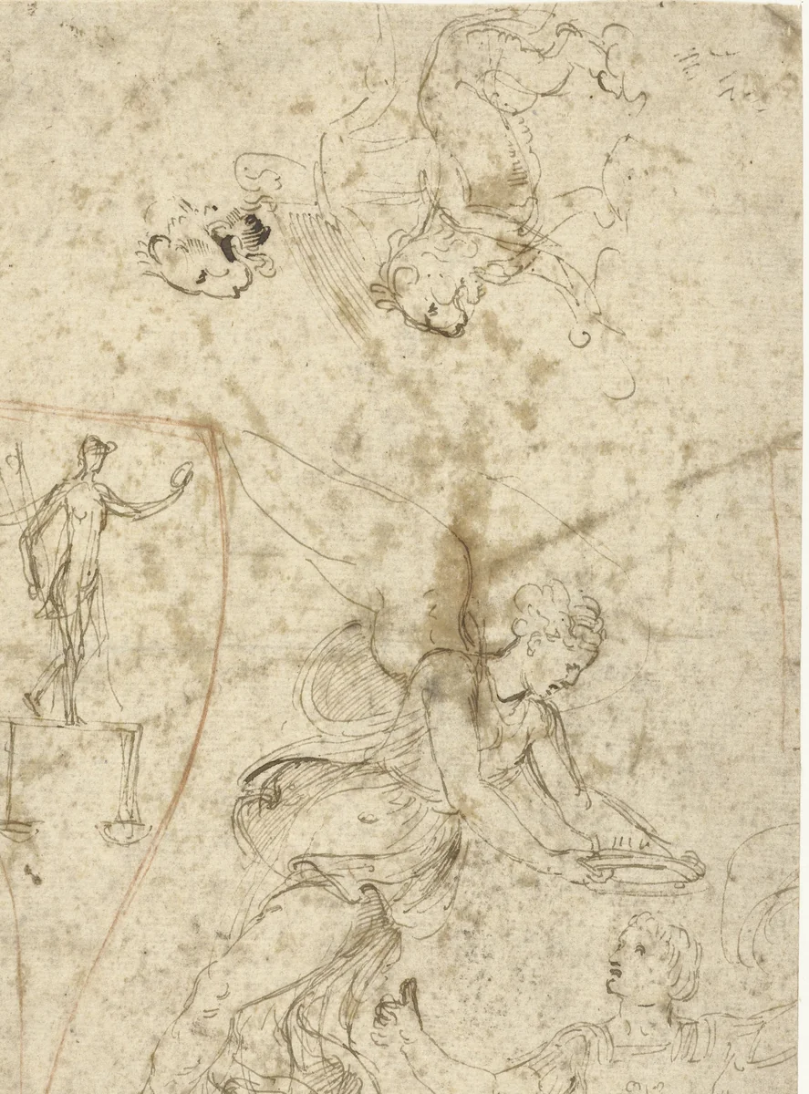 Gevleugelde genie kroont een veldheer by Giulio Romano, drawing, 1532-1537
