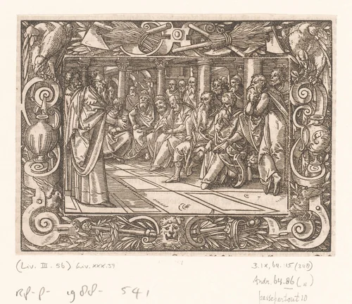 Lucius Junius Brutus vraagt de consuls om bestraffing van zijn zonen by anonymous, print, 1574
