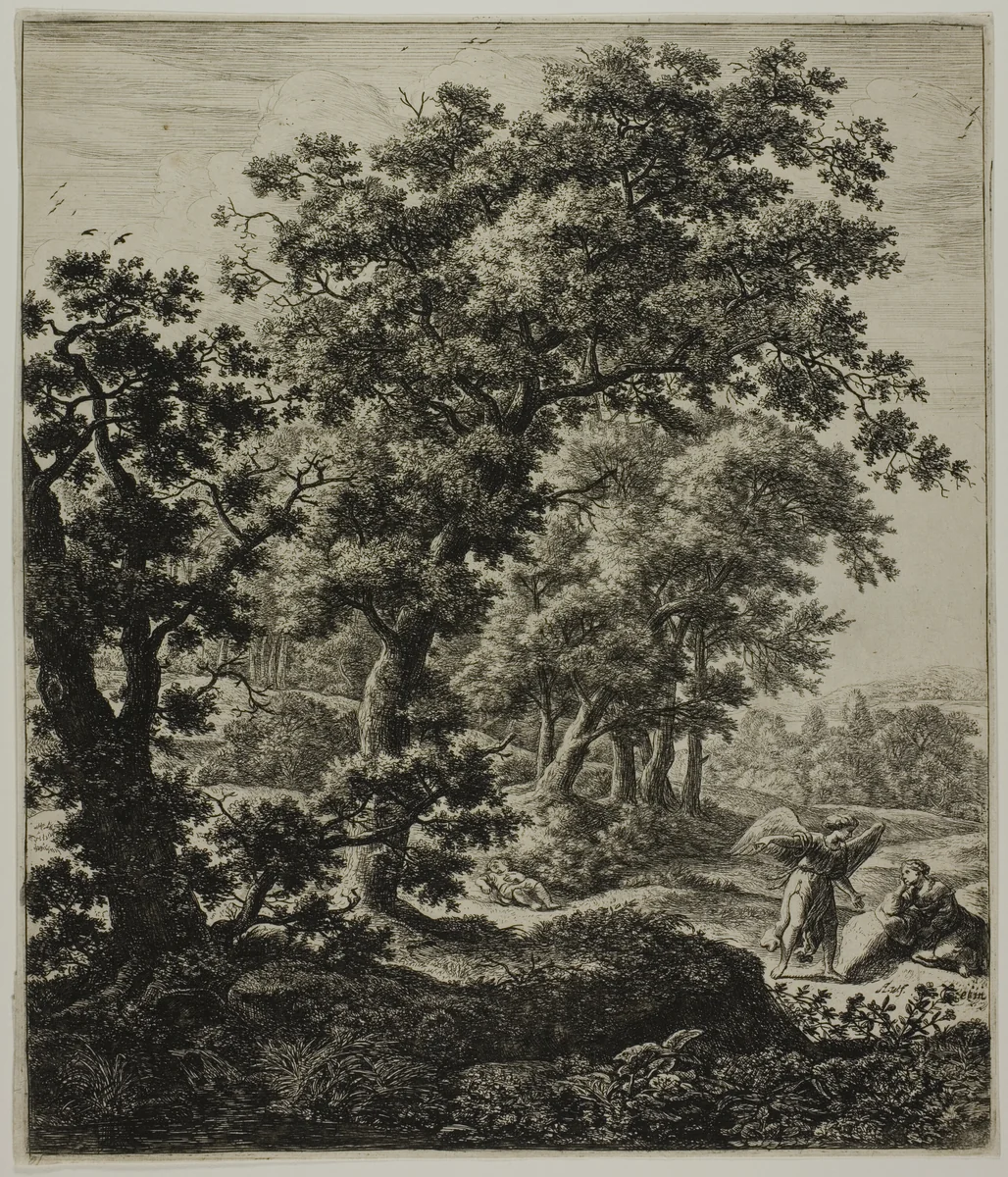 Hagar Comforted by the Angel, from Six Large Upright Landscapes with Scenes from the Old Testament by Anthonie Waterloo, print, 1650-1660