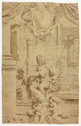 Allegorical Figure of Fortitude, with Coat of Arms Above by Giovanni Battista Coriolano, drawing, 1600-1649