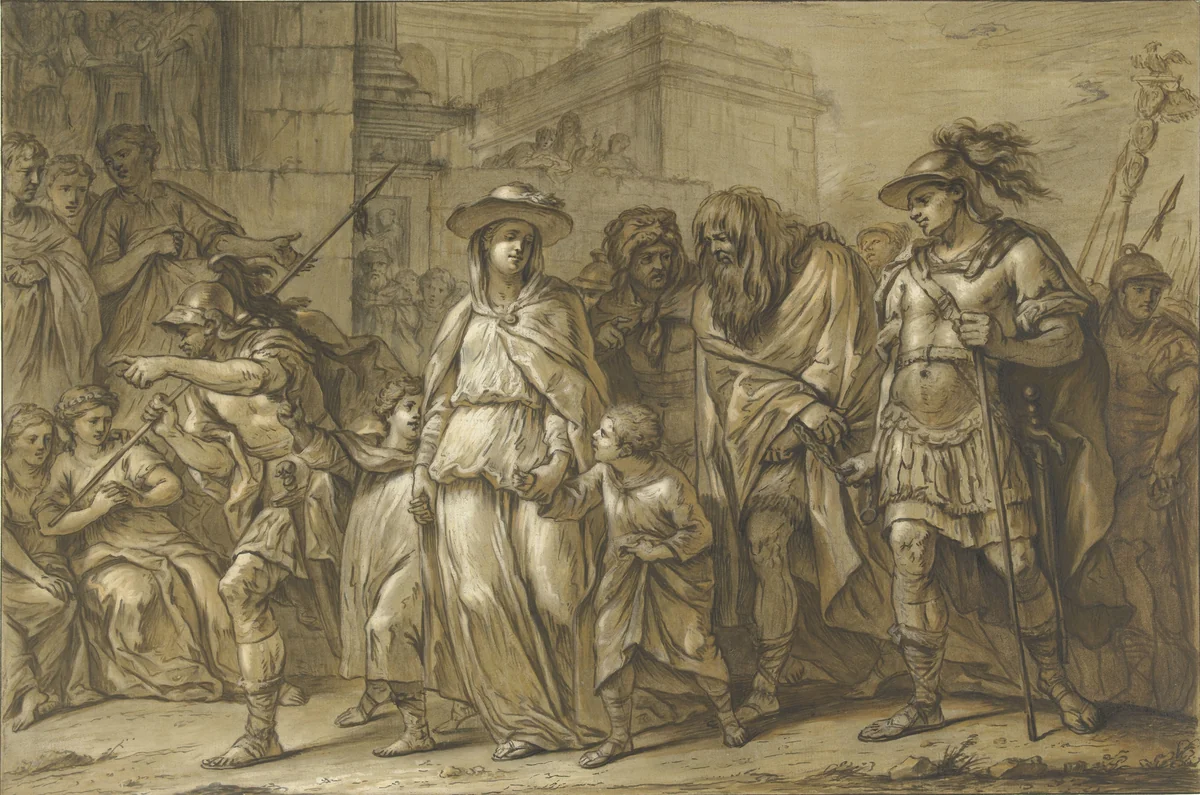 Julius Sabinus en Epponina met hun twee kinderen als gevangenen door Rome gevoerd by Blaise Nicolas Lesueur, drawing, 1726-1783