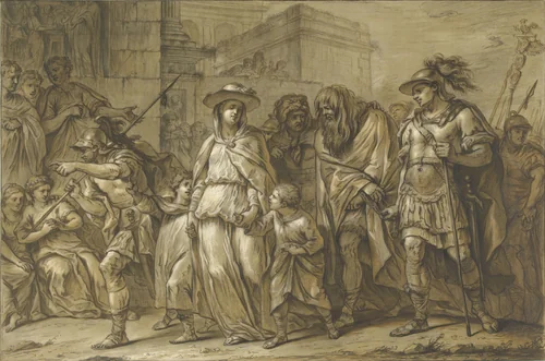 Julius Sabinus en Epponina met hun twee kinderen als gevangenen door Rome gevoerd by Blaise Nicolas Lesueur, drawing, 1726-1783
