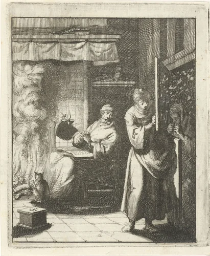 Vrouw opent de deur voor een figuur die buiten in een sneeuwbui staat by Jan Luyken, print, 1687