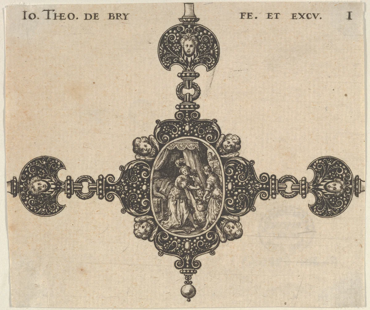 Design for a Brooch with Judith Holding the Head of Holofernes by Johann Theodor de Bry, print, 1580-1600
