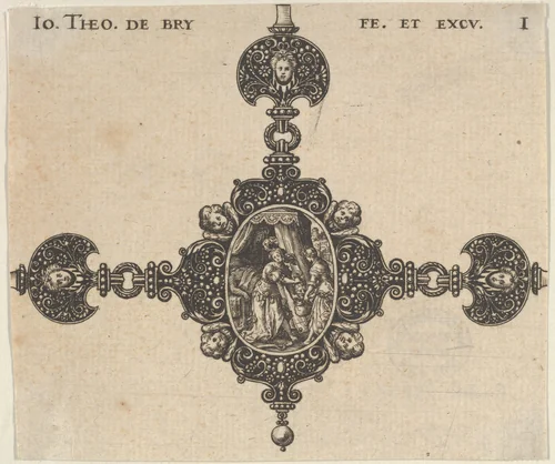 Design for a Brooch with Judith Holding the Head of Holofernes by Johann Theodor de Bry, print, 1580-1600