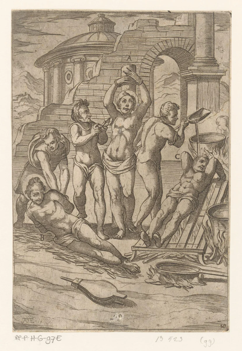 Foltering met scherpe punten en kokende olie by Unknown, print, 1565-1630
