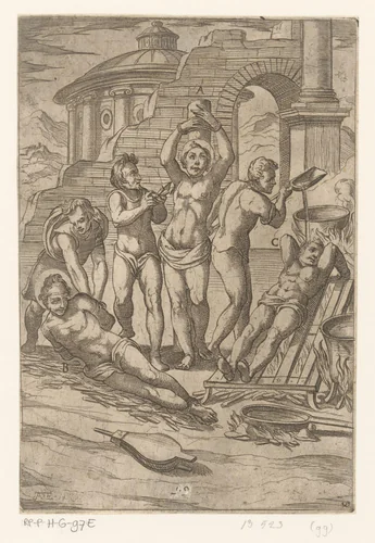 Foltering met scherpe punten en kokende olie by Unknown, print, 1565-1630