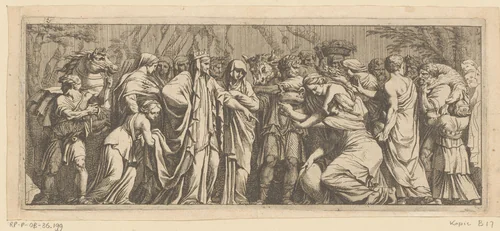 Smekelingen brengen geschenken bij Niobe by anonymous, print, 1656