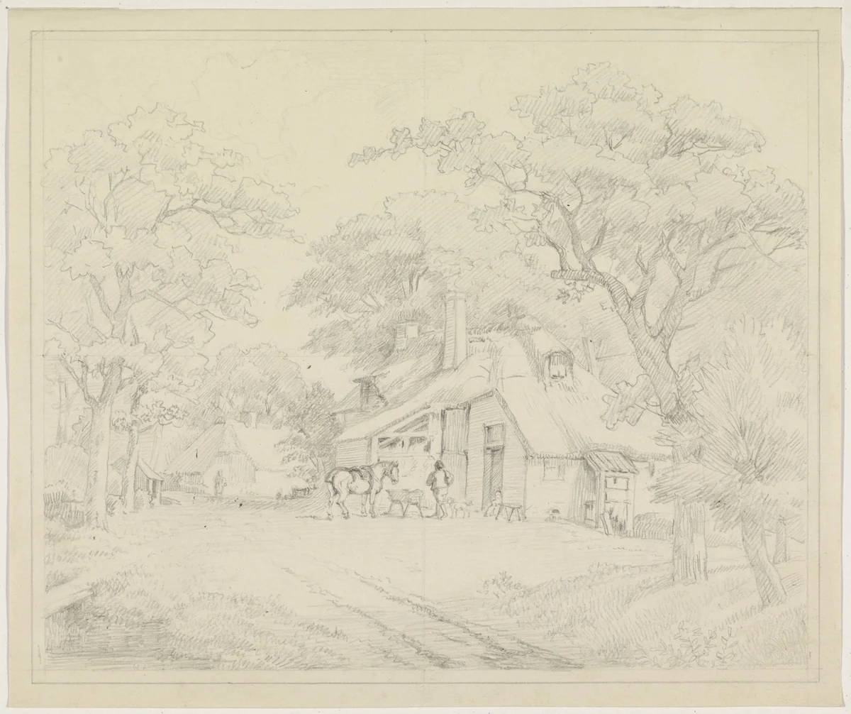 Paard voor huis tussen bomen by Hendrik Jozef Franciscus van der Poorten, drawing, 1842