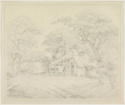 Paard voor huis tussen bomen by Hendrik Jozef Franciscus van der Poorten, drawing, 1842