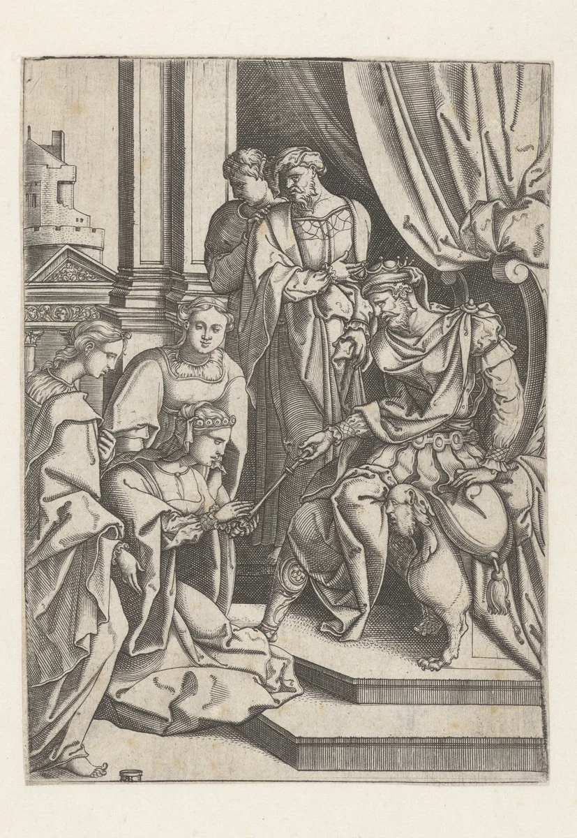 Esther voor Ahasverus by Unknown, print, 1500-1520