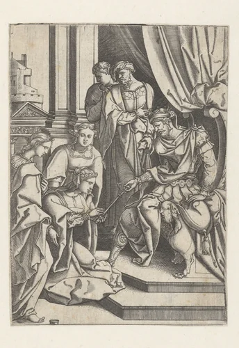 Esther voor Ahasverus by Unknown, print, 1500-1520