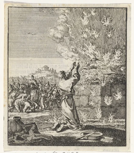 Elia knielt voor het brandende offer by Jan Luyken, print, 1706