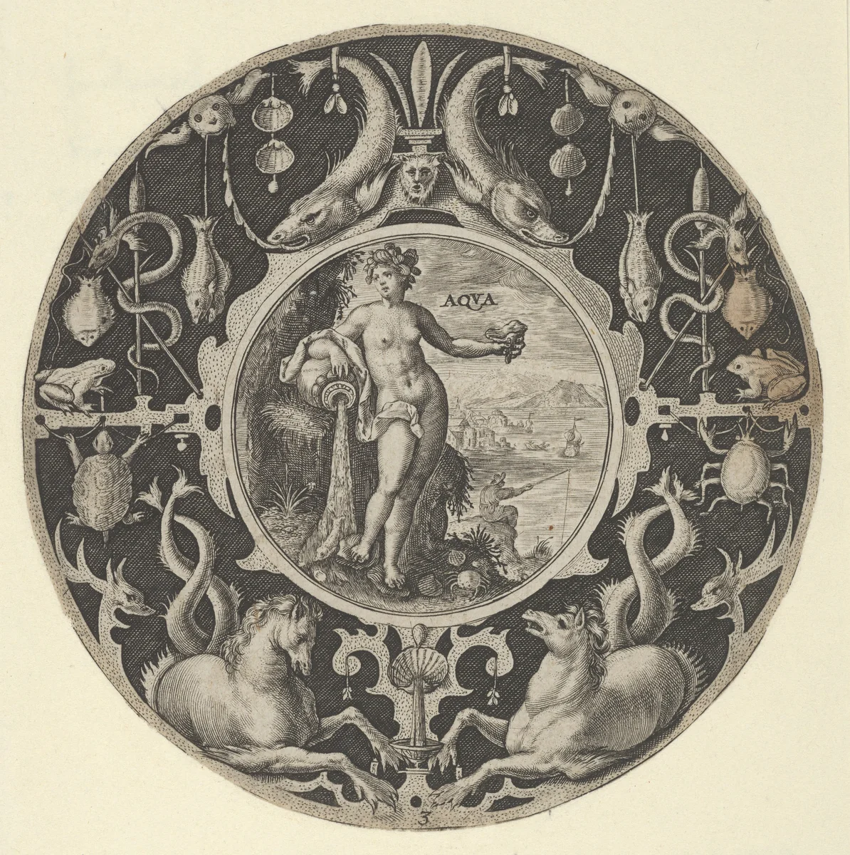 'Aqua' in a Decorative Border with Sea Creatures, from a Series of Circular Designs with the Four Elements by Crispijn de Passe, print, 1590-1612