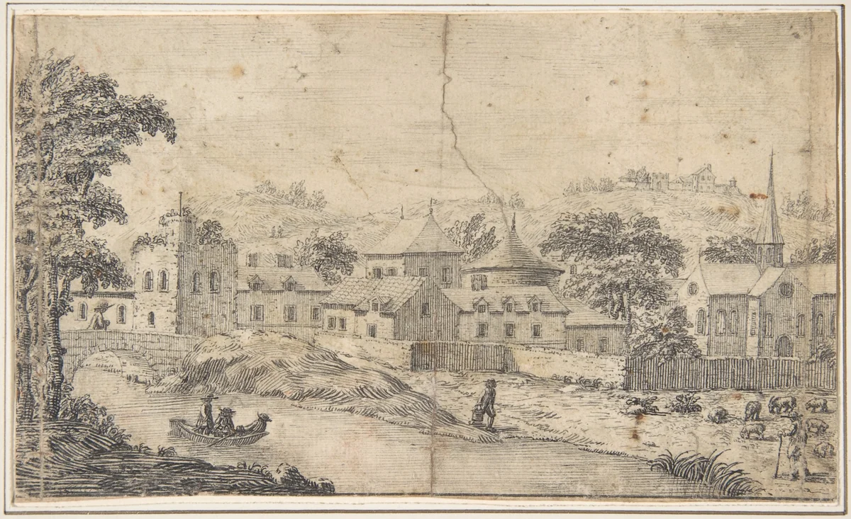A Town by a Rivers Edge by Nicolas Perelle, drawing, 1631-1695