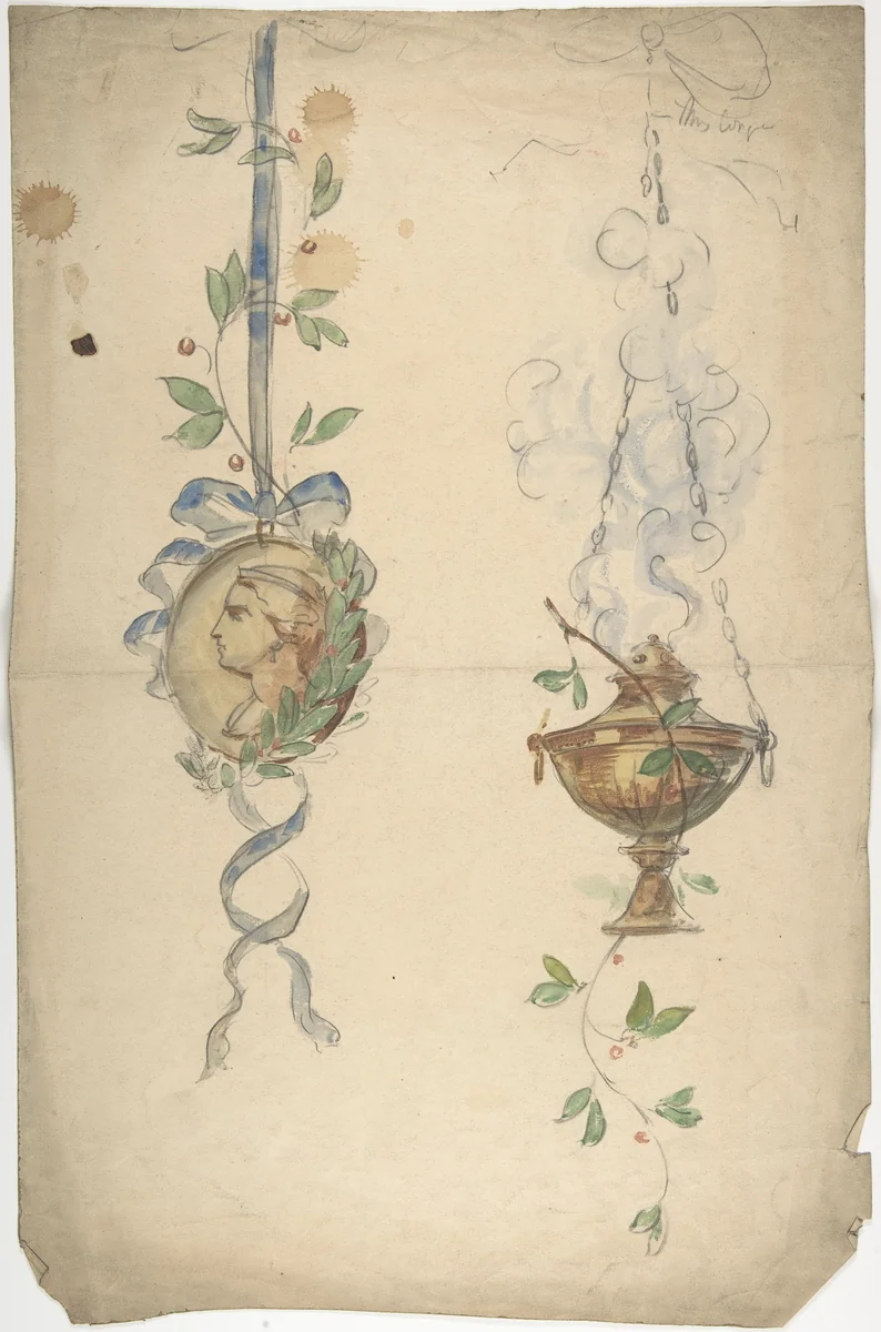 Designs for Trophies Containing Medallion and Urn by anonymous, drawing, 1800-1900