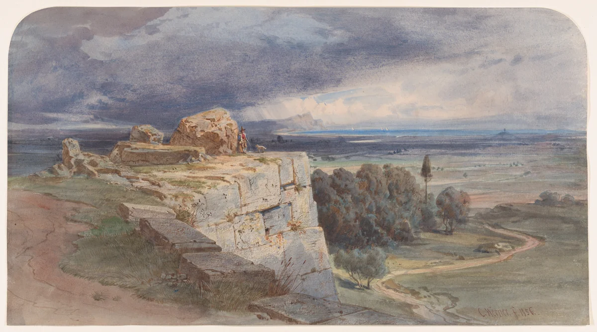 View of Norba from the North, towards San Felice Circeo by Carl Friedrich Heinrich Werner, drawing, 1856