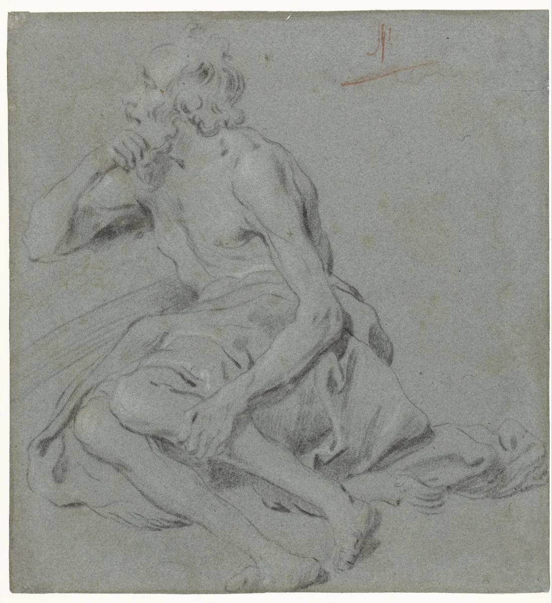 Zittende oude man met kleed over zijn schoot by Govert Flinck, drawing, 1657-1659