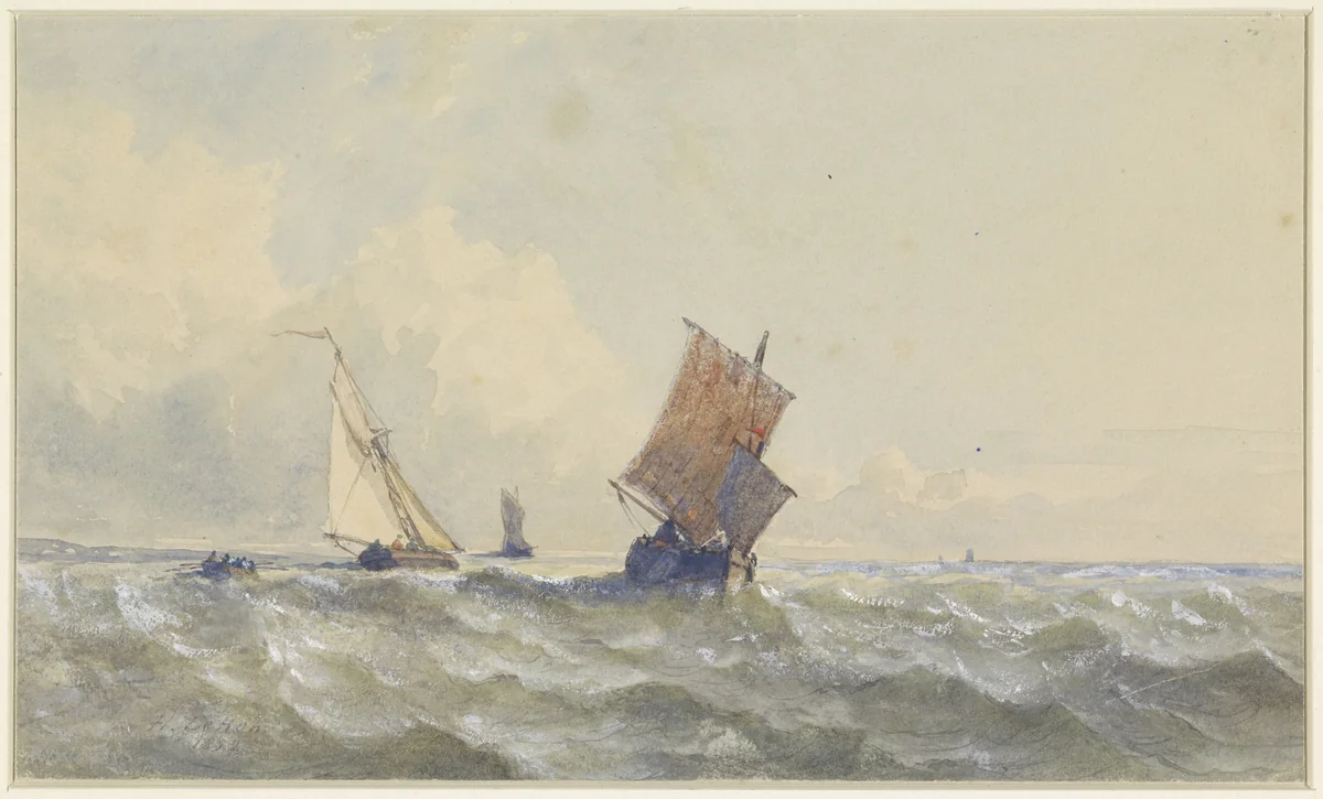 Gezicht op volle zee, waarop drie zeilschepen by Henri Le Hon, drawing, 1852