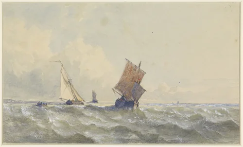 Gezicht op volle zee, waarop drie zeilschepen by Henri Le Hon, drawing, 1852
