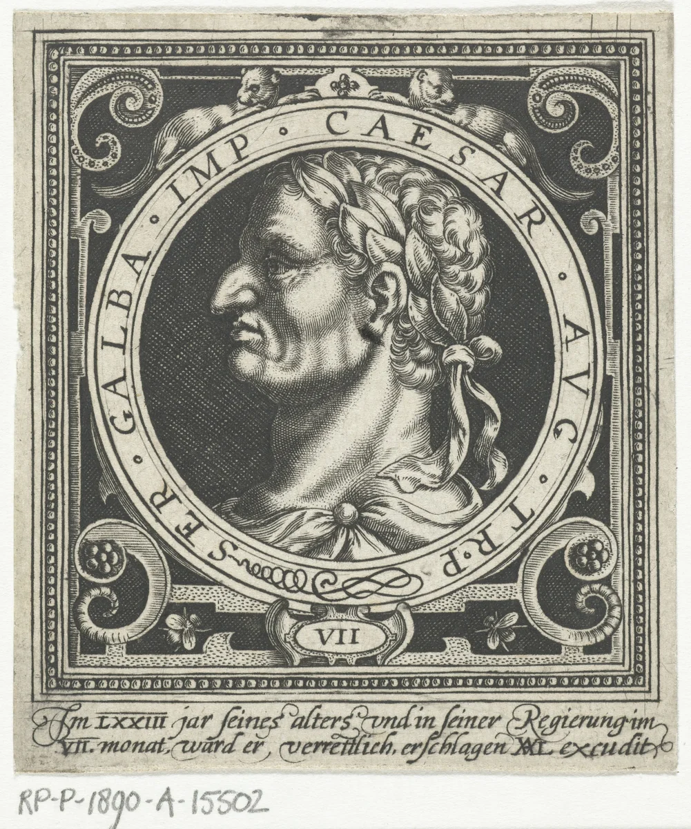 Portret van keizer Galba op medaillon by Nicolaes de Bruyn, print, 1594