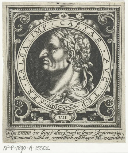 Portret van keizer Galba op medaillon by Nicolaes de Bruyn, print, 1594