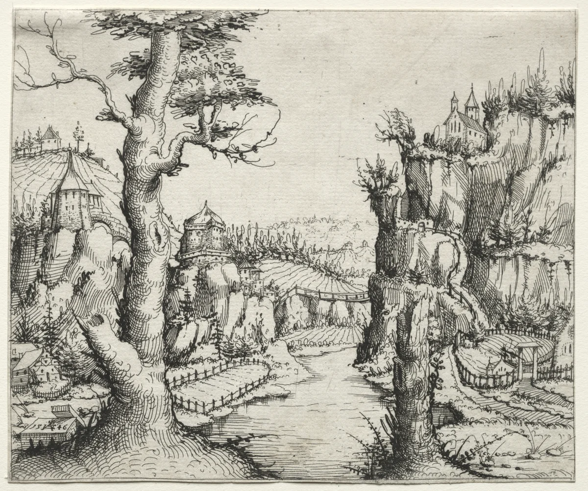 River Landscape with Rocks at Left and Right by Augustin Hirschvogel, print, 1546