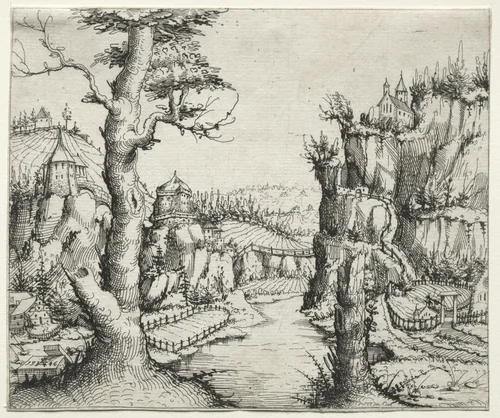 River Landscape with Rocks at Left and Right by Augustin Hirschvogel, print, 1546