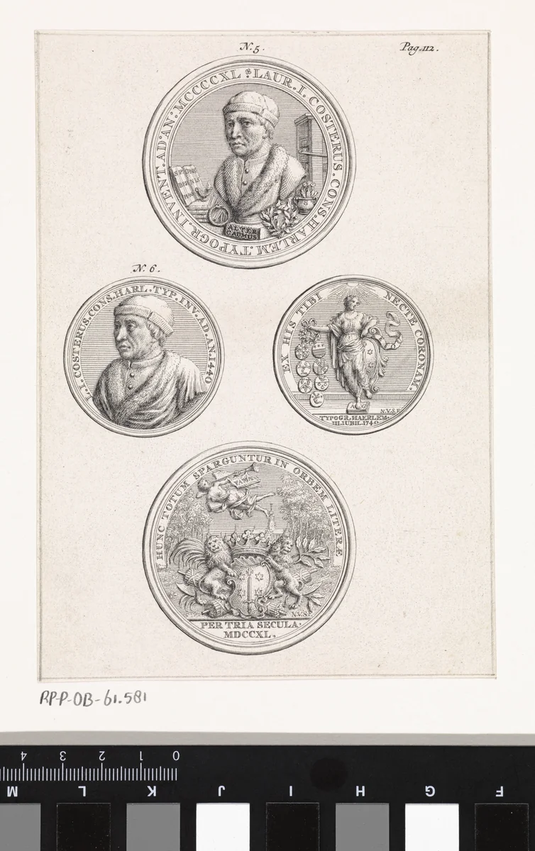 Blad met de voor- en achterzijde van twee penningen vervaardigd ter ere van Laurens Jansz. Coster by Jan Wandelaar, print, 1740