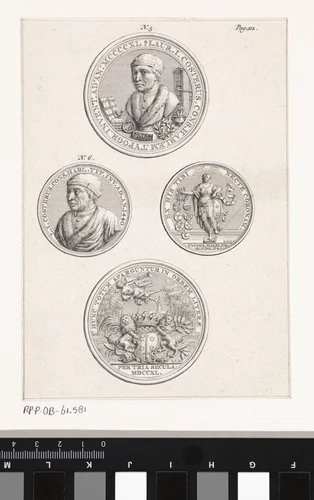 Blad met de voor- en achterzijde van twee penningen vervaardigd ter ere van Laurens Jansz. Coster by Jan Wandelaar, print, 1740