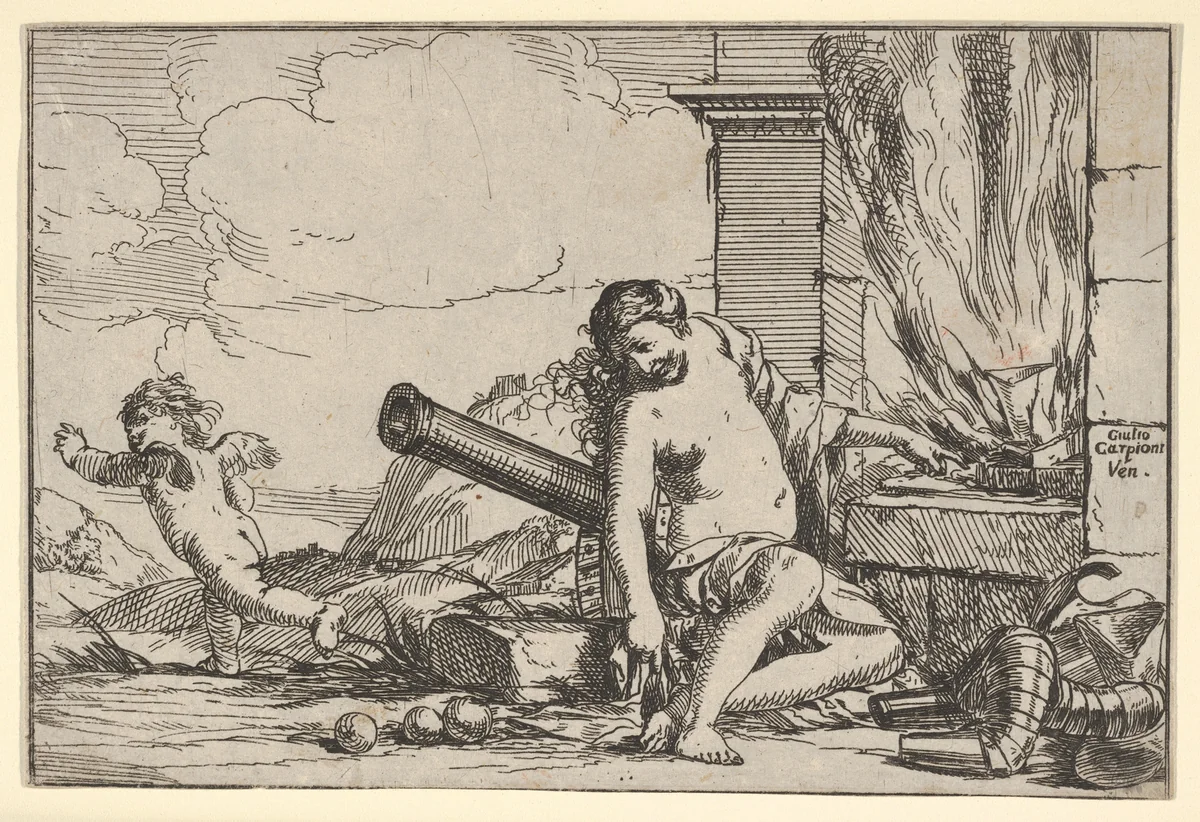 Fire, represented by Venus seated before Vulcan's forge, with armor, a cannon, and cannon balls surrounding her, she turns her head toward Cupid, who stretches his body away from her, from "The Elements" by Giulio Carpioni, print, 1640-1660