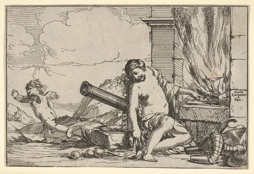 Fire, represented by Venus seated before Vulcan's forge, with armor, a cannon, and cannon balls surrounding her, she turns her head toward Cupid, who stretches his body away from her, from "The Elements" by Giulio Carpioni, print, 1640-1660