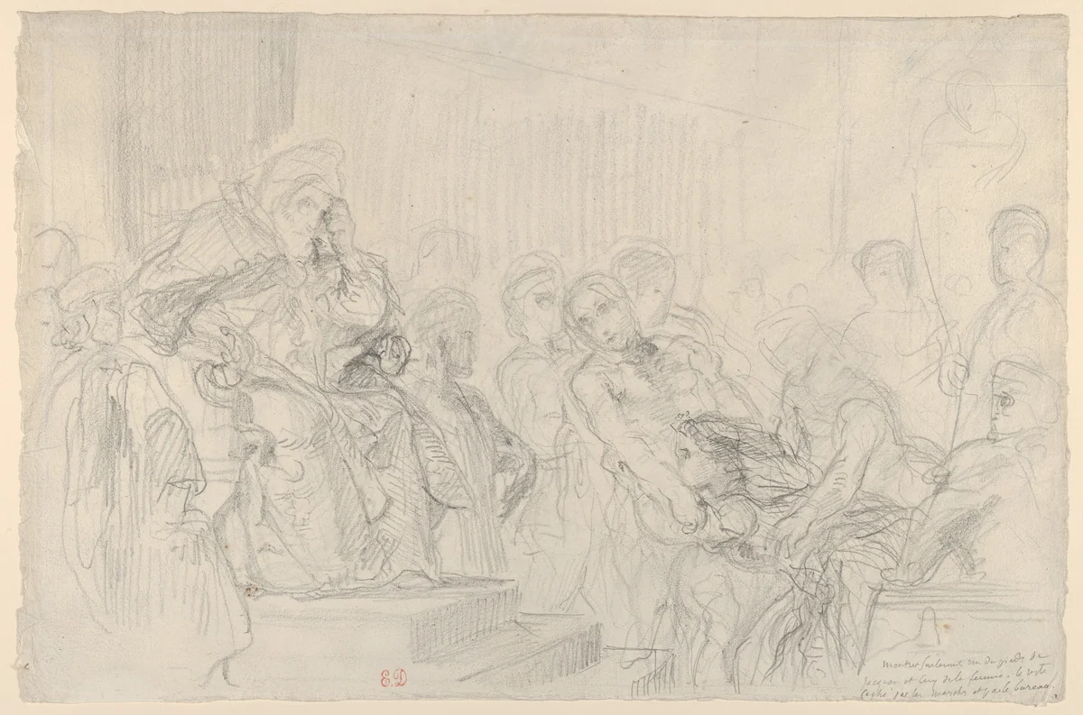 Study of Jacopo Brought before His Father, the Doge, for "The Two Foscari" by Eugène Delacroix, drawing, 1847
