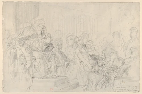 Study of Jacopo Brought before His Father, the Doge, for "The Two Foscari" by Eugène Delacroix, drawing, 1847