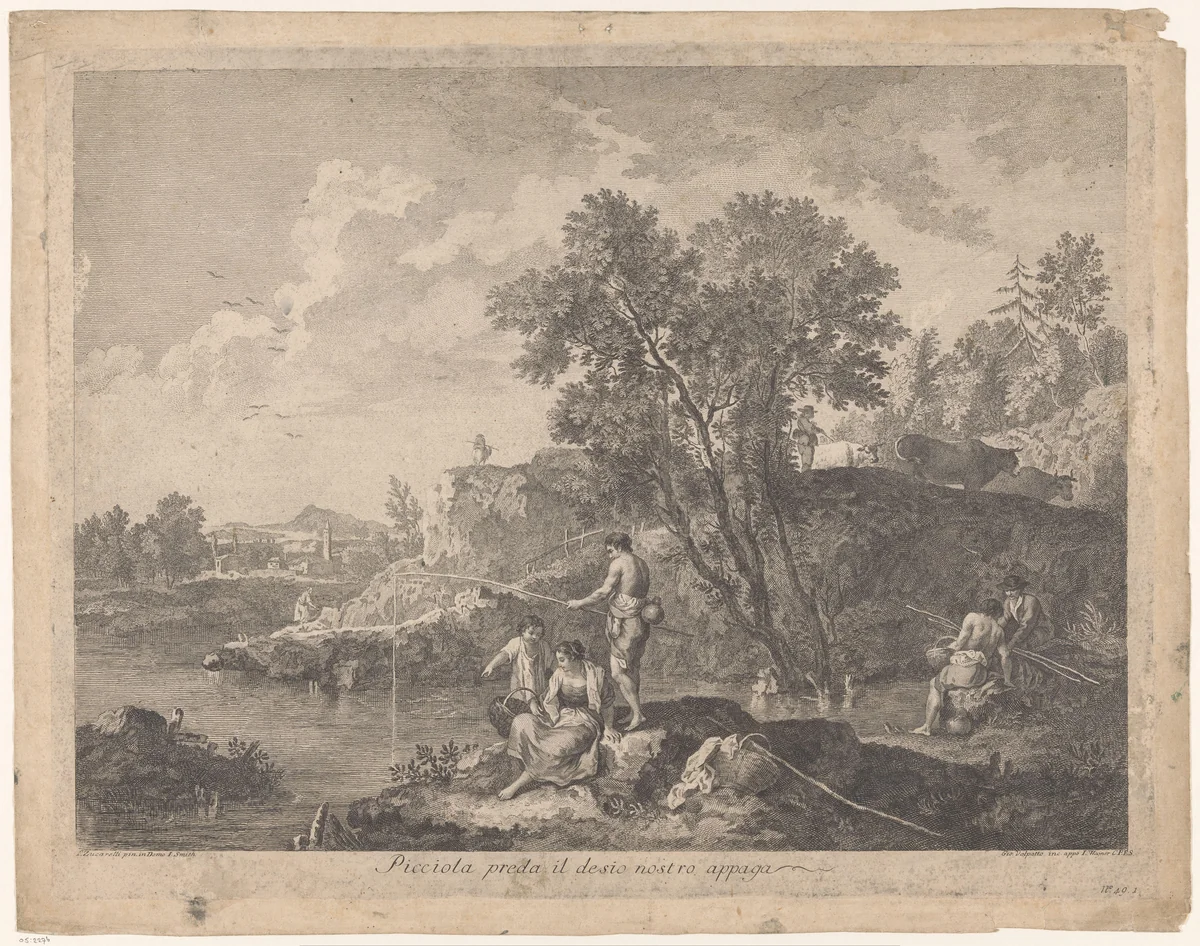 Landschap met hengelaar. Naar F. Zuccarelli by Giovanni Volpato, print, 1743-1803