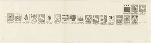 Wapenkaart met de wapens en namen van de heren veertigen van de stad Leiden by Abraham Delfos, print, 1766