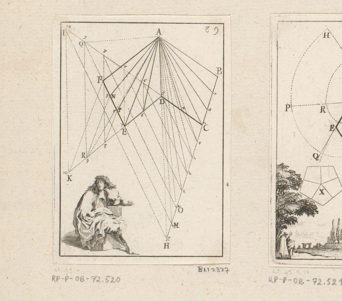 Verdeling van een oppervlak in gelijke delen met onderaan een zittende man by Sébastien Leclerc, print, 1669