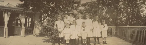 Grand Duchess Xenia Alexandrovna with the Children, All Standing, Peterhof by Unidentified Photographer, photograph, 1908
