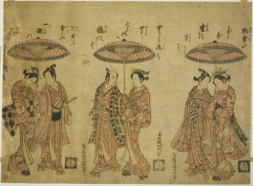 Three couples sharing umbrellas by Torii Kiyomitsu I, print, 1755-1765